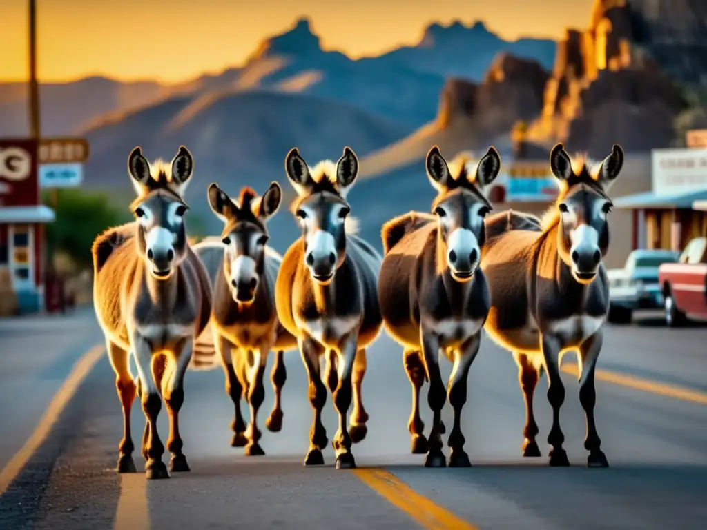 Una impactante imagen de burros salvajes de Oatman en la Ruta 66, con un ambiente nostálgico y rústico bañado por la cálida luz dorada del atardecer.