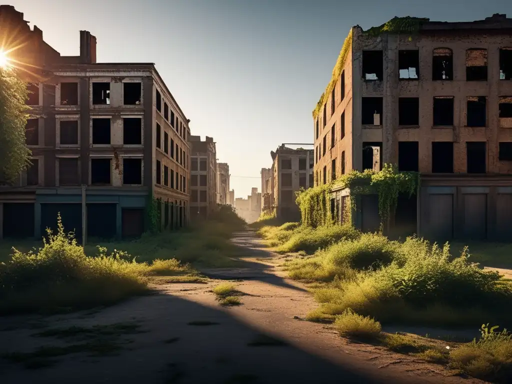 Una impactante imagen de una calle urbana abandonada, con edificios en ruinas y vegetación invadiendo el paisaje. El sol poniente proyecta sombras largas, creando una atmósfera inquietante y sobrenatural. <b>No hay señales de vida, solo la desolación.</b> Equipos para explorar ci