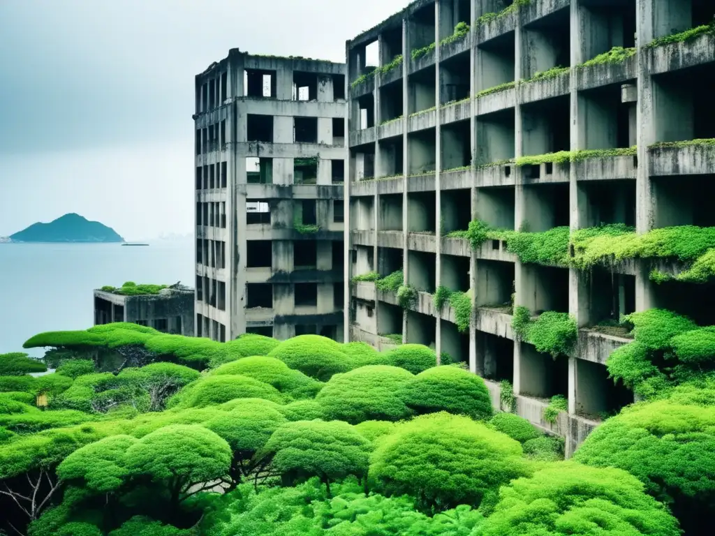 Una impactante imagen documental de la desolada Isla Hashima, con edificios en ruinas y vegetación desbordante, evocando la historia de la isla Hashima.