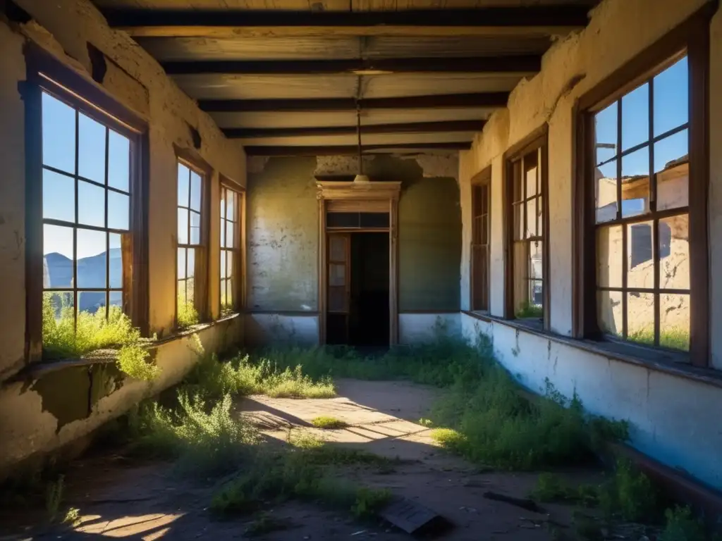 'Una impactante imagen de un edificio deteriorado en una ciudad fantasma, donde la psicología ambiental en ciudades fantasma cobra vida con la naturaleza reclamando su espacio.'