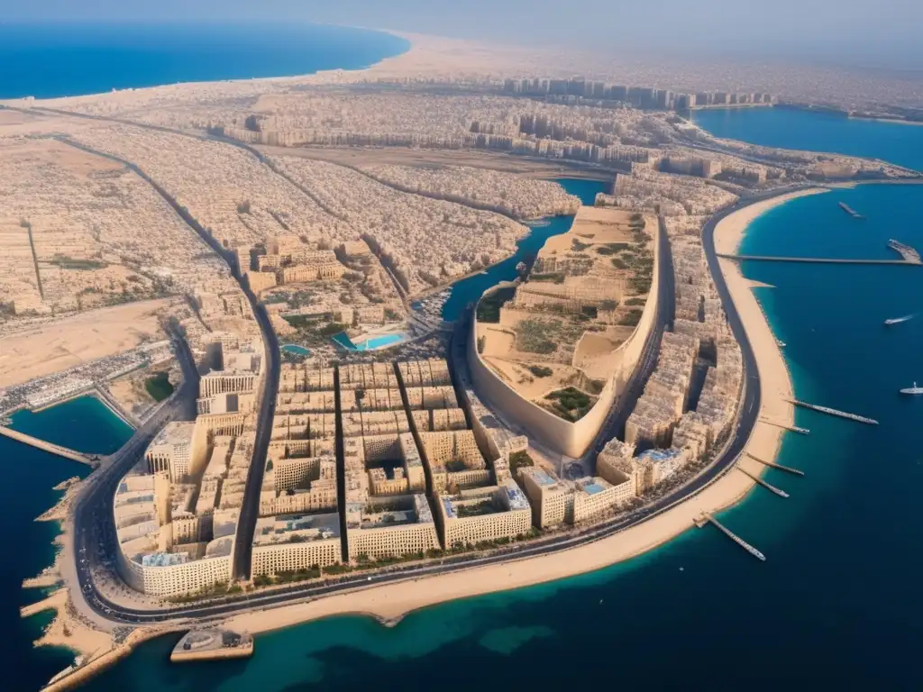 Una impresionante fotografía aérea de alta resolución de la moderna metrópolis de Alejandría, Egipto. <b>La imagen muestra el bullicioso paisaje urbano, la costa azul y los emblemáticos puntos de referencia como la Biblioteca de Alejandría y la Ciudadela de Qaitbay.</b> La foto