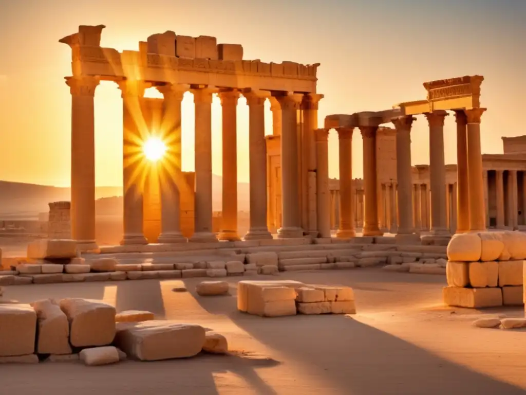 Impresionante atardecer en las ruinas de Palmira Siria, evocando su renacer histórico.