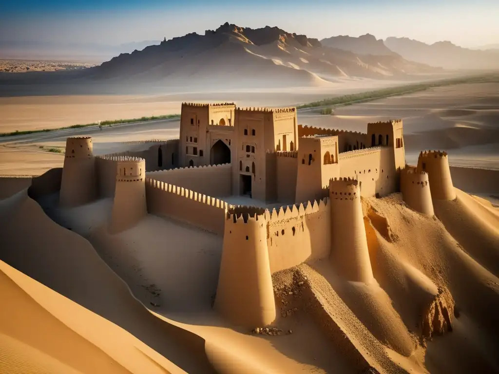 Impresionante ciudadela de Bam Irán abandonada, con su arquitectura de barro y el paisaje desértico de fondo, evocando misterio y historia.