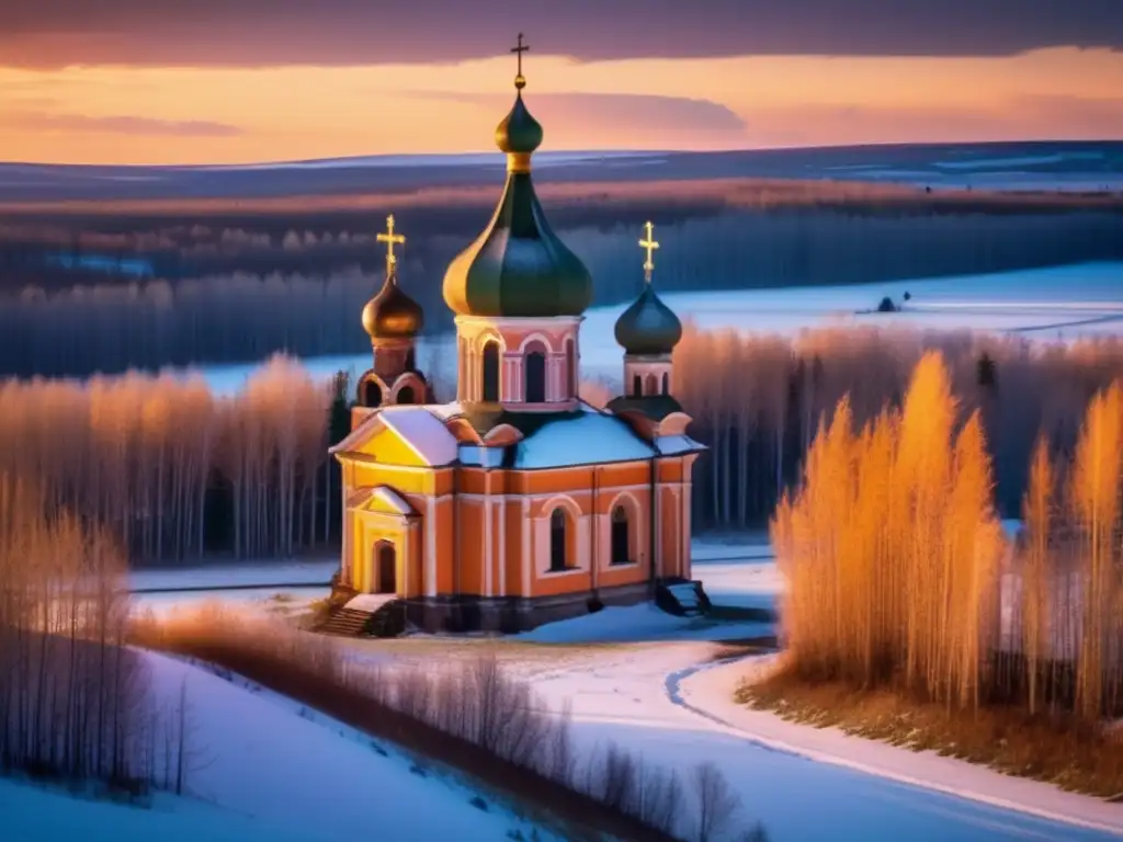 Impresionante iglesia abandonada Pechenga Rusia bañada en cálido atardecer, rodeada de historia y misterio.