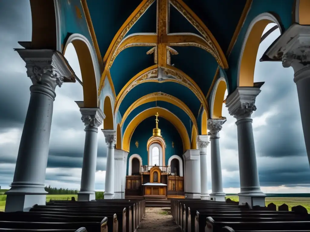 Impresionante iglesia abandonada Pechenga Rusia, con fachada imponente y cielo dramático.