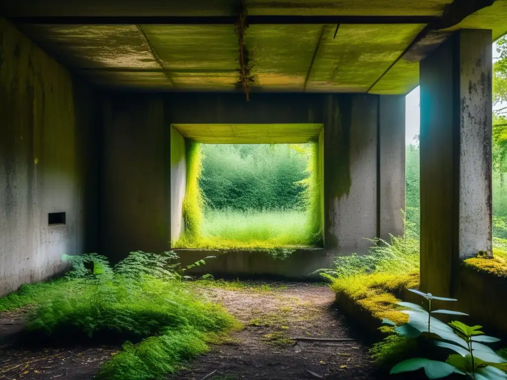 Una impresionante imagen documental de un bunker abandonado y cubierto de musgo en el Frente Oriental, rodeado de frondosa vegetación. <b>La luz y sombra crean una atmósfera dramática y desoladora.</b> Equipo de exploración sugiere el tema de exploración de la historia olvidada.