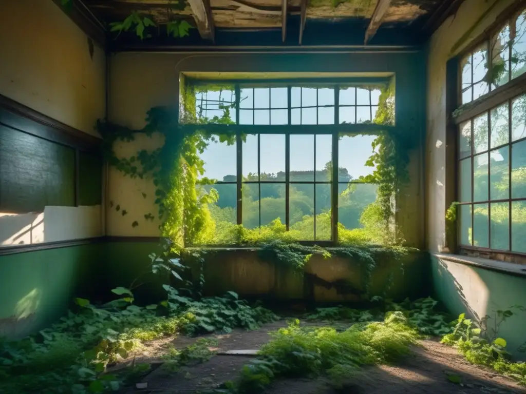 Impresionante imagen en 8k de un edificio abandonado invadido por la naturaleza, capturando el debate sobre el futuro de lugares abandonados.