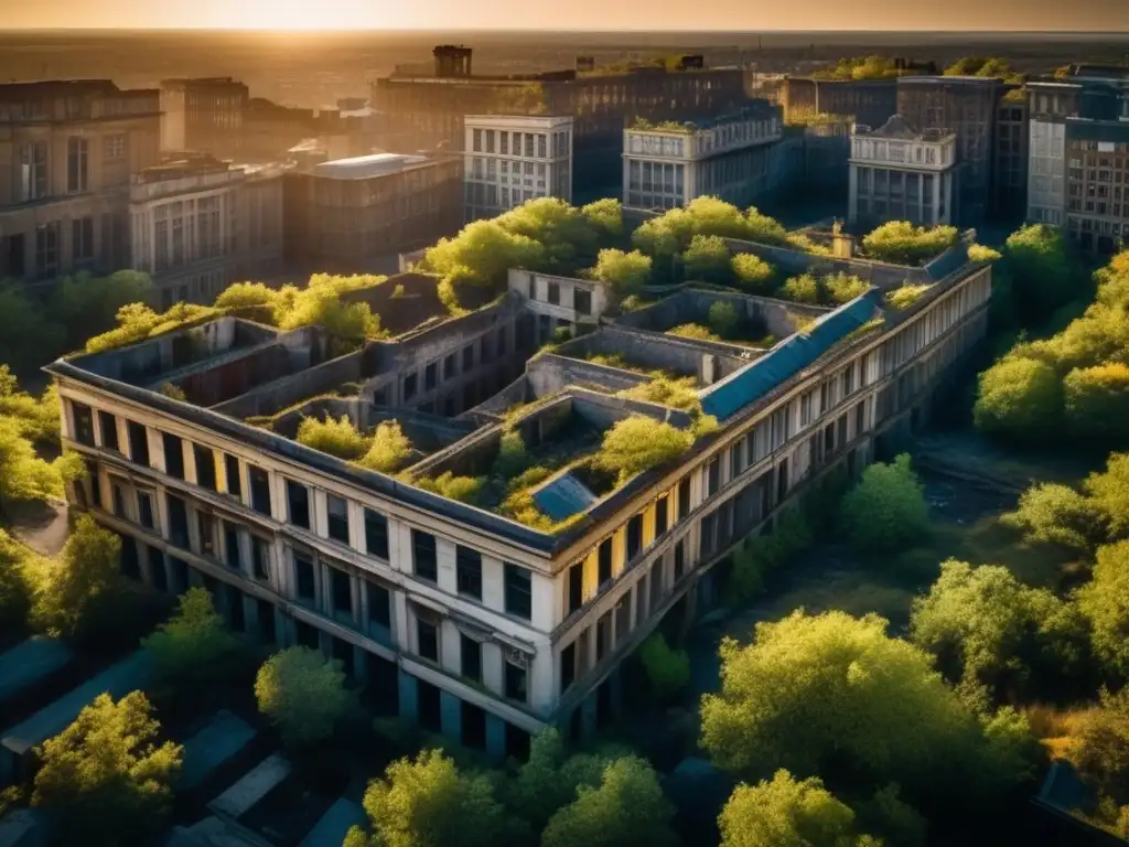 Un impresionante modelo 3D de una ciudad abandonada, con edificios en ruinas y la naturaleza reclamando el paisaje urbano.