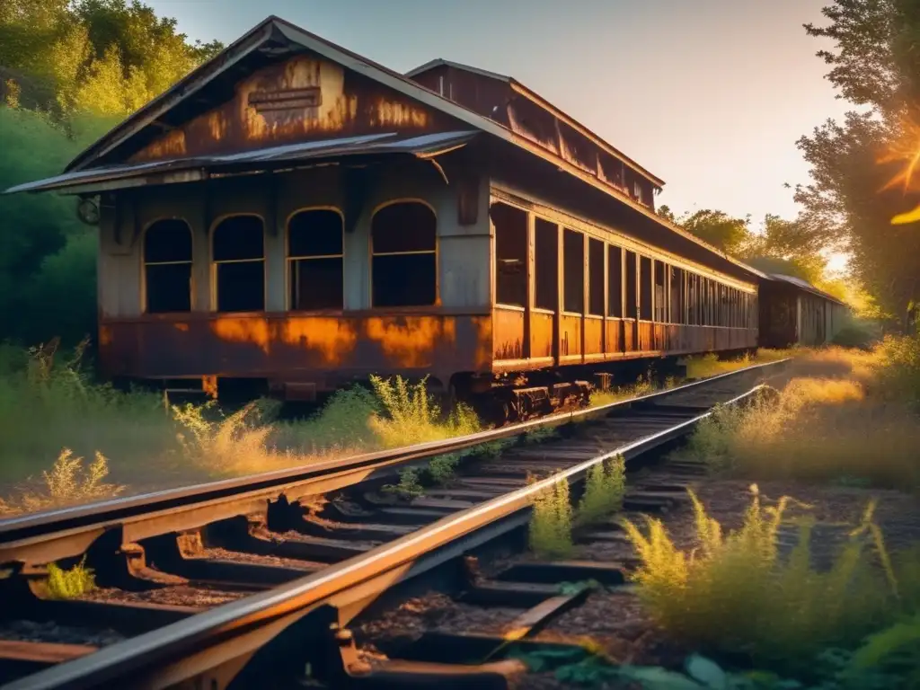 Un impresionante paisaje de depósitos de trenes abandonados, donde la naturaleza reclama su espacio, bajo la cálida luz del atardecer.