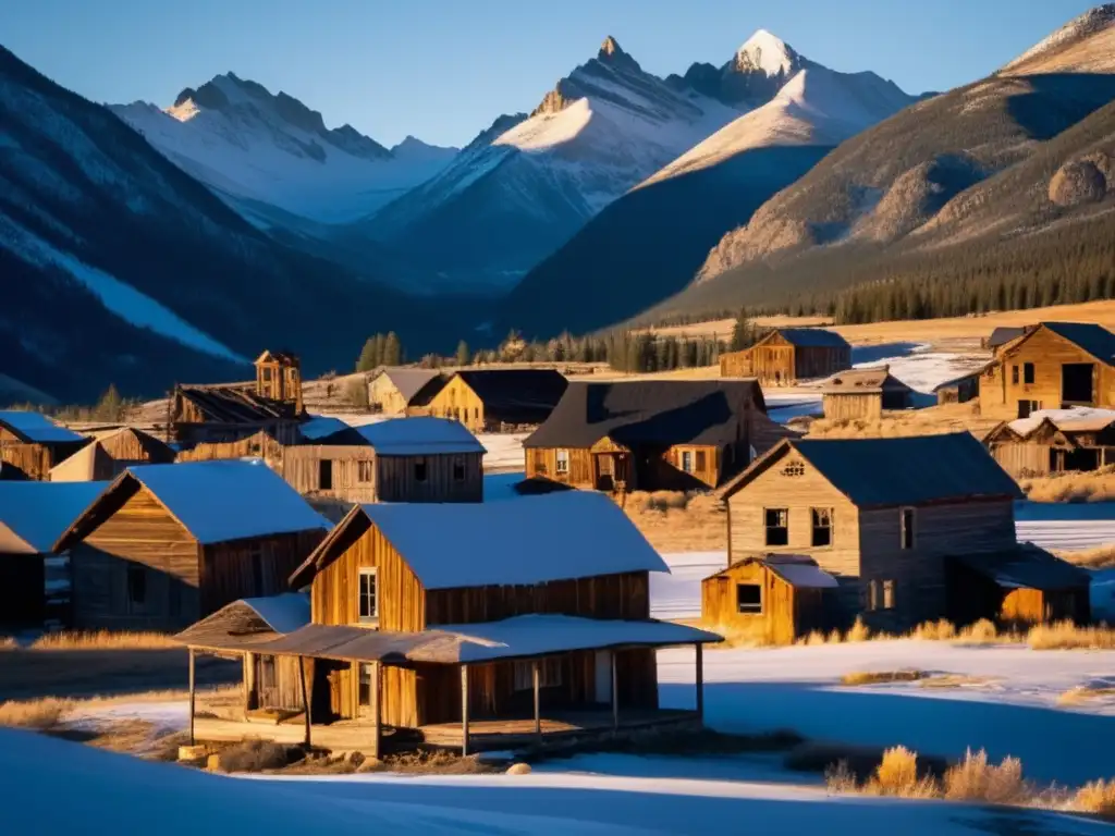 Un impresionante paisaje de un pueblo fantasma en la frontera del mundo, rodeado de montañas nevadas y una atmósfera evocadora y misteriosa.