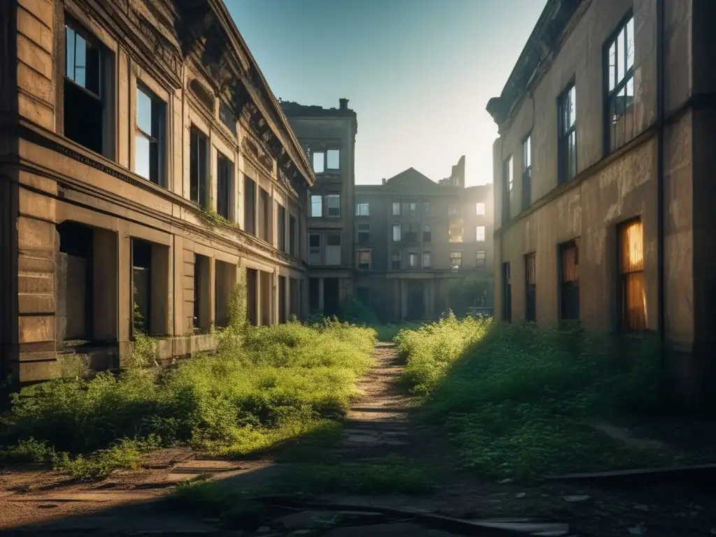 Un impresionante paisaje urbano abandonado, con edificios cubiertos de vegetación y calles agrietadas, evoca la belleza inquietante de una ciudad fantasma. <b>Inspiración para artistas contemporáneos.