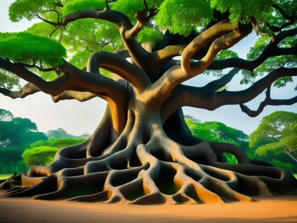 Una impresionante fotografía de la sagrada higuera Bodhi en Anuradhapura, Sri Lanka, capturando su atmósfera serena y la reverencia espiritual del lugar. Las intrincadas ramas y hojas verdes resaltan la rica herencia cultural y religiosa de Anuradhapura