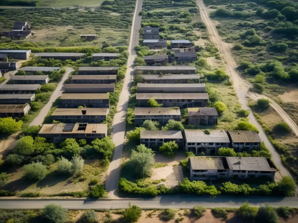 Un impresionante software de mapeo avanzado captura la desolación de un lugar abandonado con calles cubiertas de vegetación y edificios en ruinas.