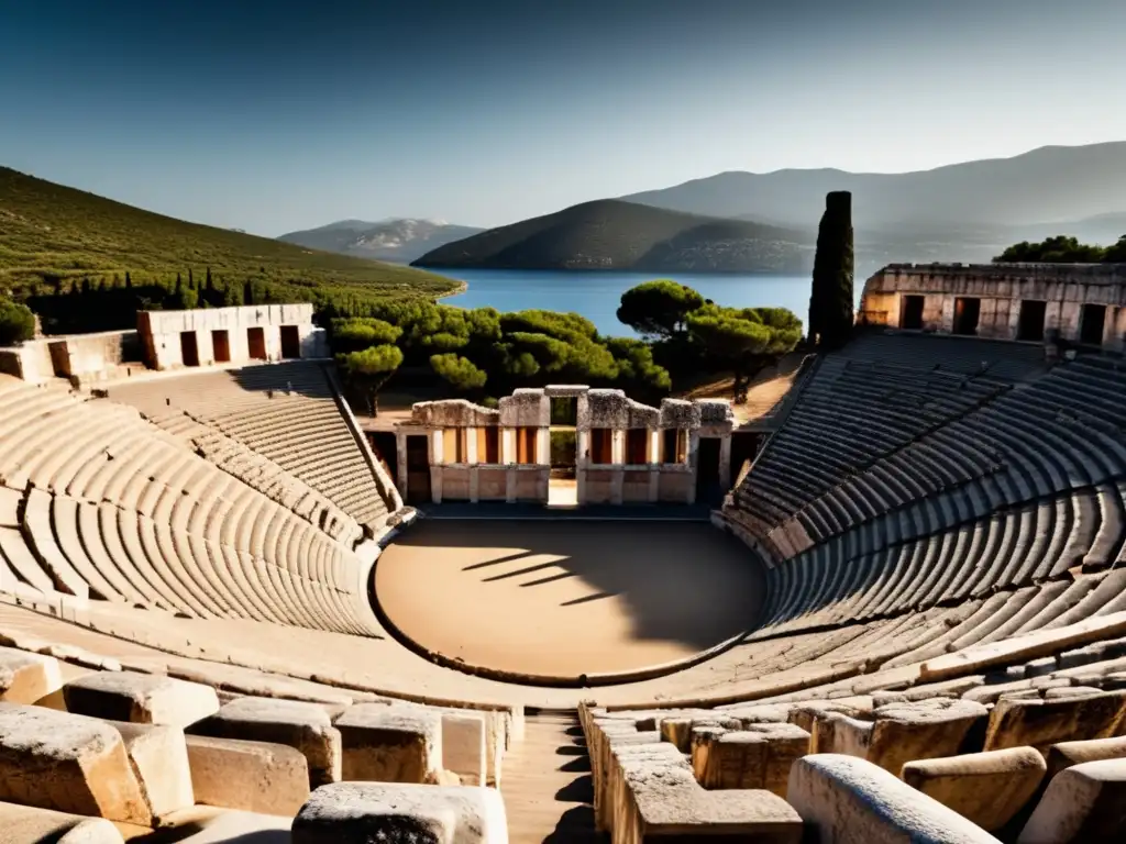 Un impresionante Teatro de Epidaurus lugares abandonados, con detalles arquitectónicos en piedra y una atmósfera de grandeza y abandono.