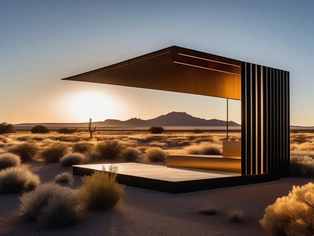 Una impresionante fotografía ultra detallada en 8k de la icónica instalación artística Prada Marfa, mostrando el paisaje contrastante del desierto de Texas Occidental con el diseño moderno y elegante de la obra de arte. La luz cálida y dorada del atardecer ilumina la escena, res