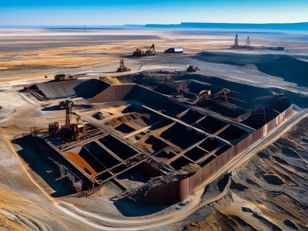 Una impresionante vista aérea de excavaciones mineras abandonadas, con maquinaria oxidada esparcida en un paisaje desolado, rodeado de restos de infraestructura industrial siendo lentamente reclamados por la naturaleza. <b>La imagen evoca un sentido de asombro y melancolía al contrastar el ter