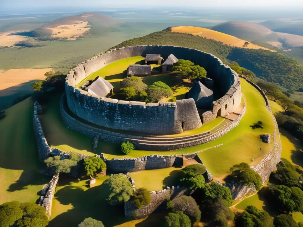 Impresionante vista aérea de las Ruinas de Great Zimbabwe, revelando la belleza misteriosa de las estructuras de piedra y el paisaje circundante.