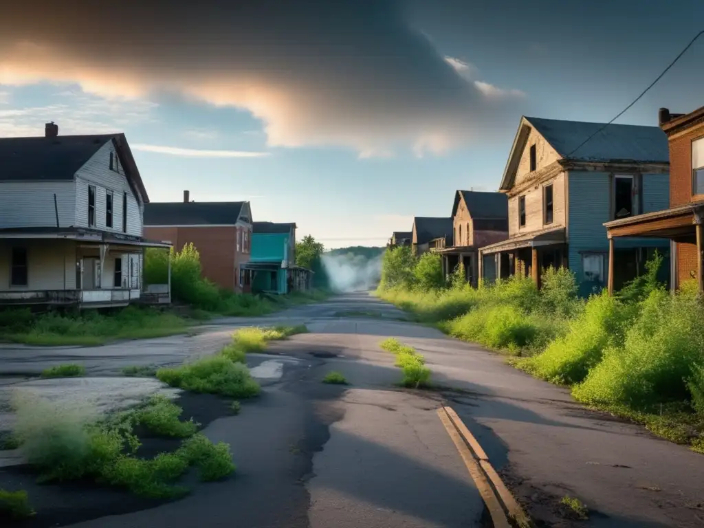 Una impresionante vista panorámica de las calles abandonadas y deterioradas de Centralia, Pennsylvania, con humo y vegetación cubriendo la ciudad. La paleta de colores tenues evoca desolación, mientras que la luz y la sombra resaltan su atmósfera inquietante. Una representación visual poderosa