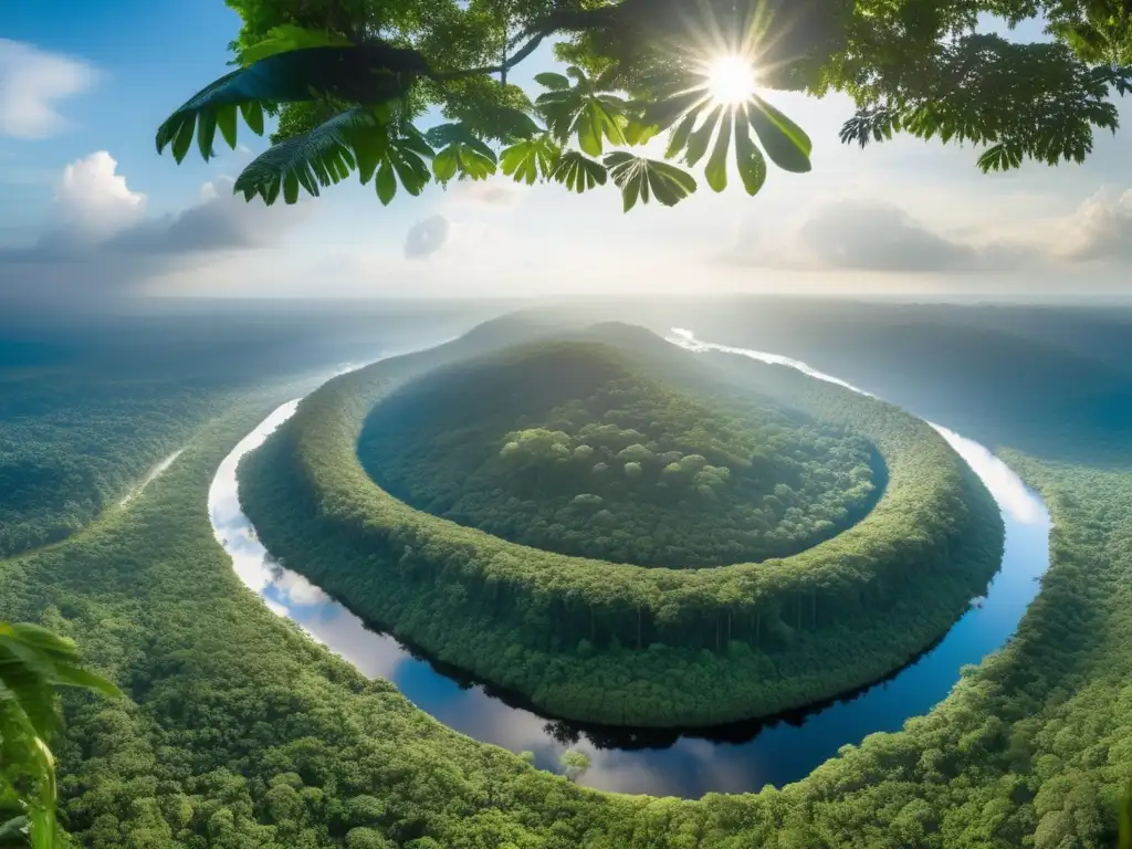 Una impresionante vista panorámica de la exuberante selva amazónica en Fordlandia, con densa vegetación verde y un río serpenteante.