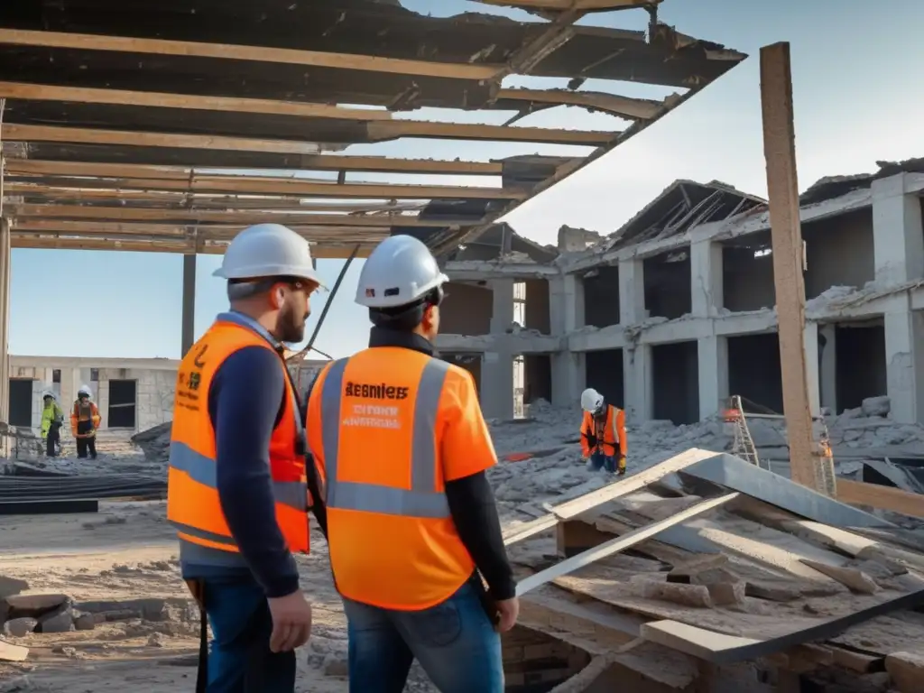 Ingenieros inspeccionan con cuidado una estructura colapsada, destacando la exploración segura de estructuras inestables.