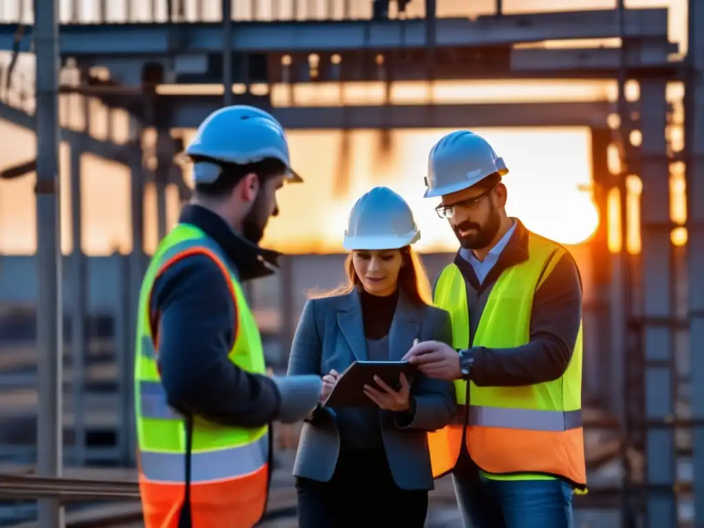 Ingenieros explorando de forma segura estructuras inestables al atardecer, utilizando avanzada tecnología.