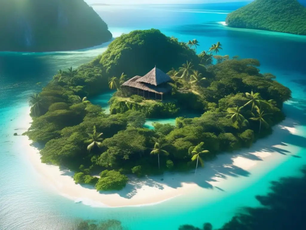 Isla abandonada en Oceanía: Ruinas entre exuberante selva y aguas turquesas, bajo el sol crepuscular.