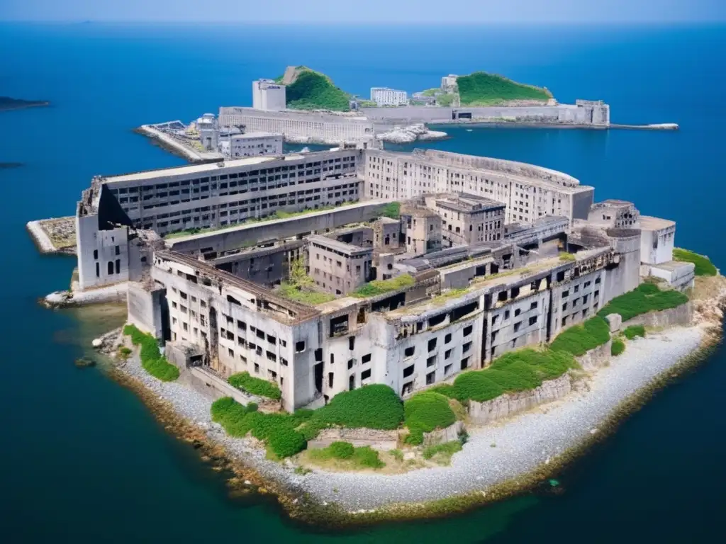 Explora la Isla fantasma de Japón Hashima: edificios decadentes entre el mar, un paisaje misterioso y desolado.