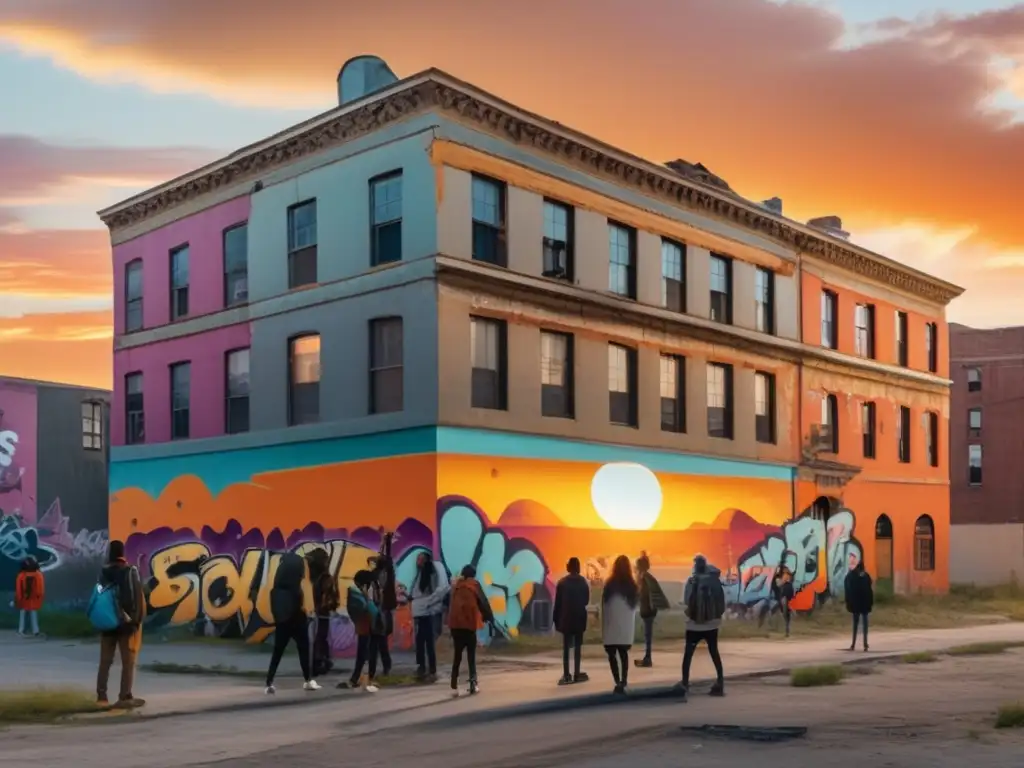 Jóvenes artistas crean murales en centros artísticos en espacios desolados, rodeados de grafitis coloridos al atardecer.