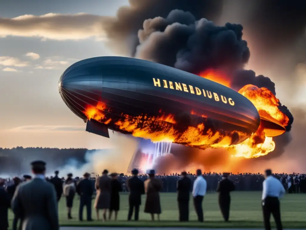 El Hindenburg arde en llamas, su estructura se recorta contra el fuego brillante. <b>El humo y el caos transmiten el final catastrófico del Hindenburg.