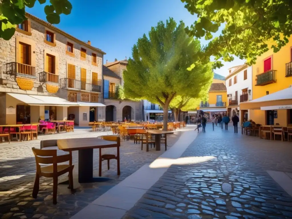 Transformación de Valdeluz: plaza llena de vida, edificios coloridos, cafés al aire libre y gente disfrutando del ambiente vibrante.