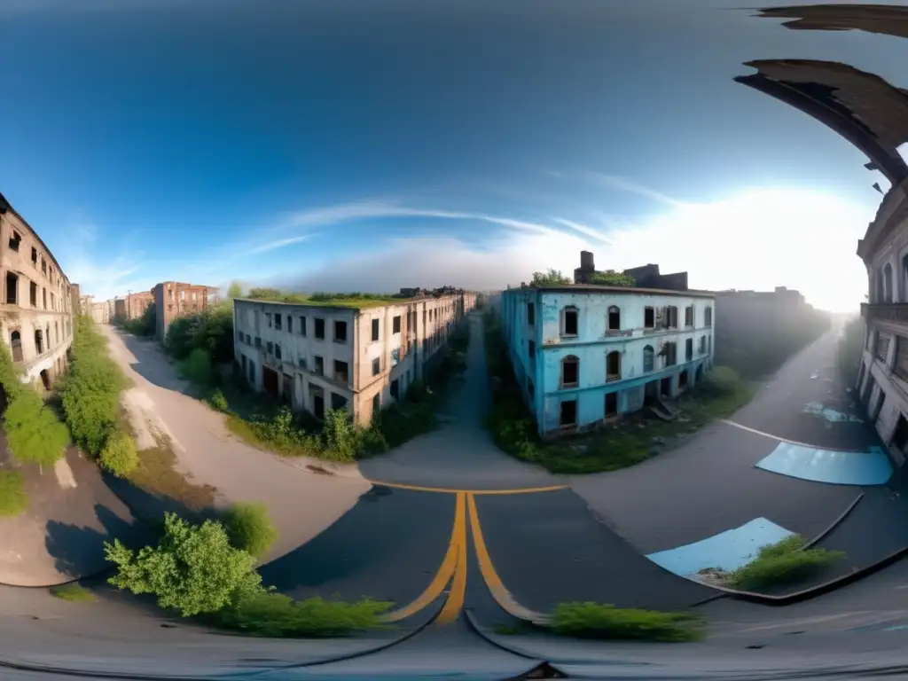 Fotografía esférica de lugares abandonados: Calles desoladas y edificios en ruinas, la naturaleza reclama la ciudad olvidada.