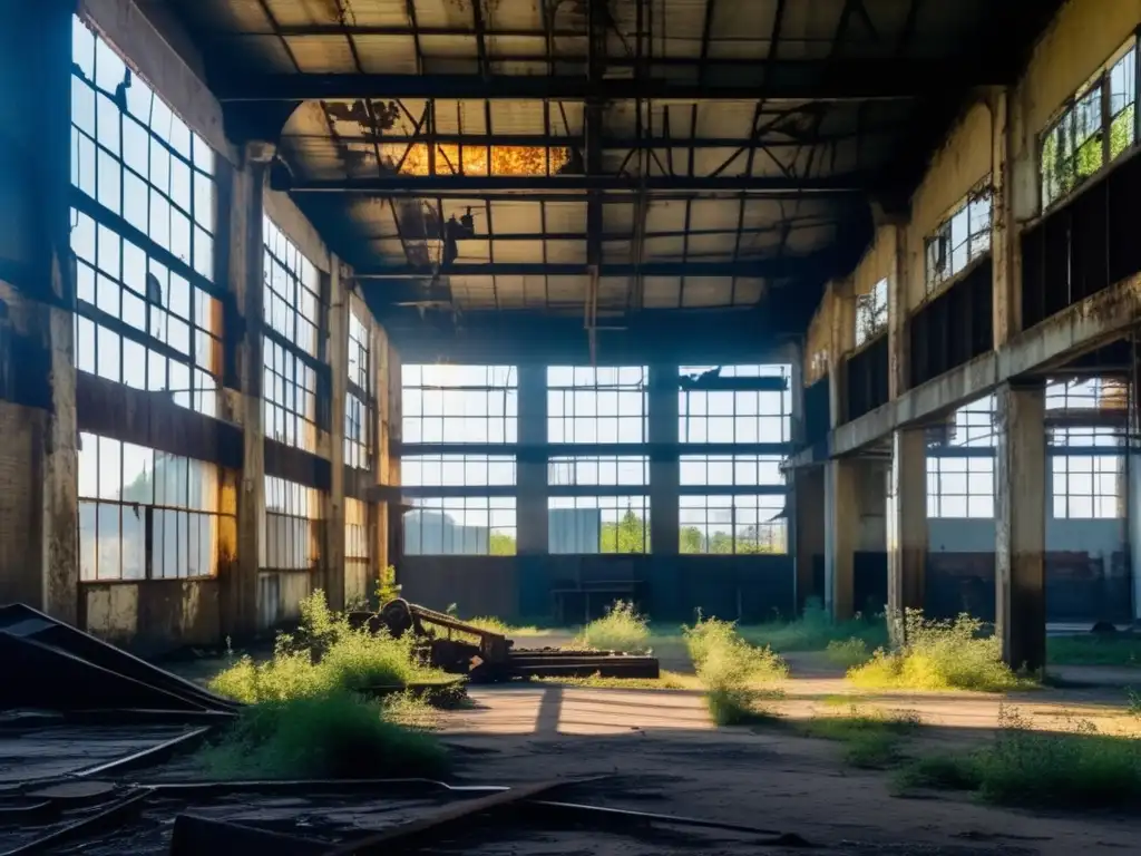 Fotografía de lugares abandonados: Escena melancólica de un edificio industrial en ruinas, invadido por la naturaleza y la desolación.