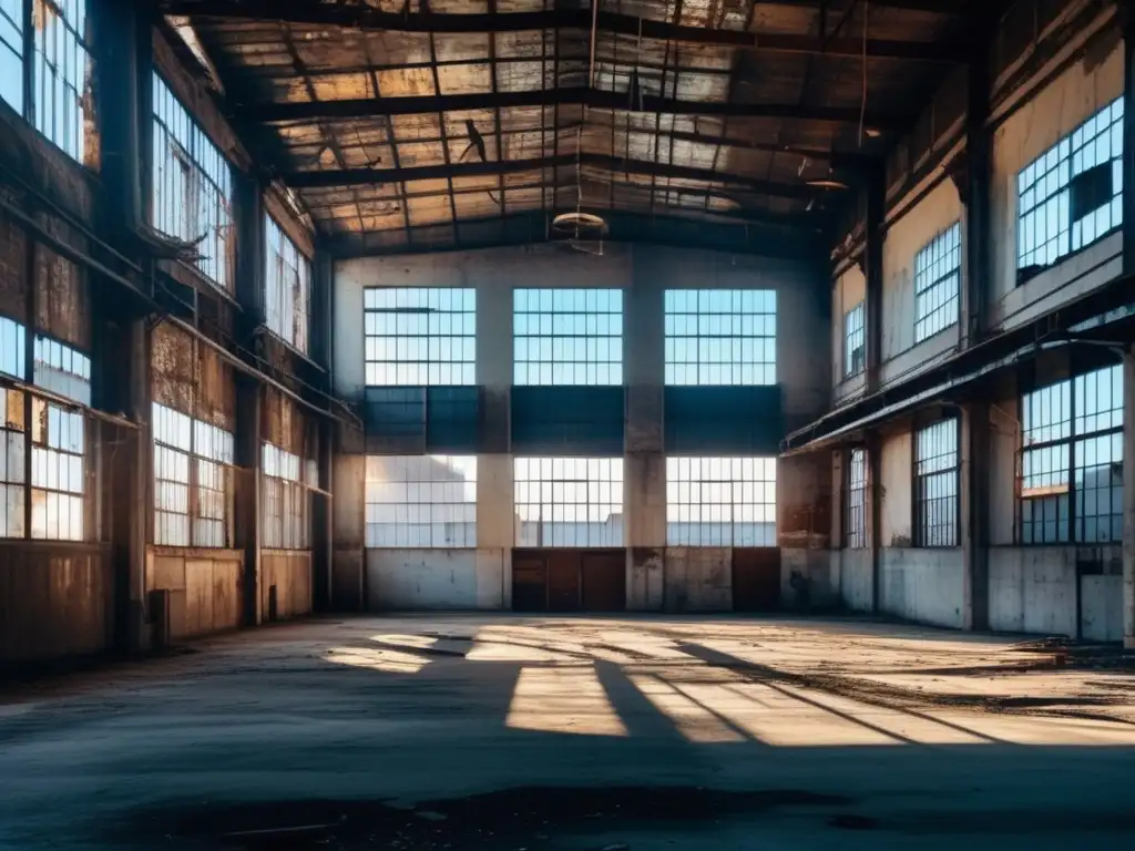 Fotografía de lugares abandonados: Imagen detallada de un almacén industrial abandonado con luz filtrándose por las ventanas rotas.