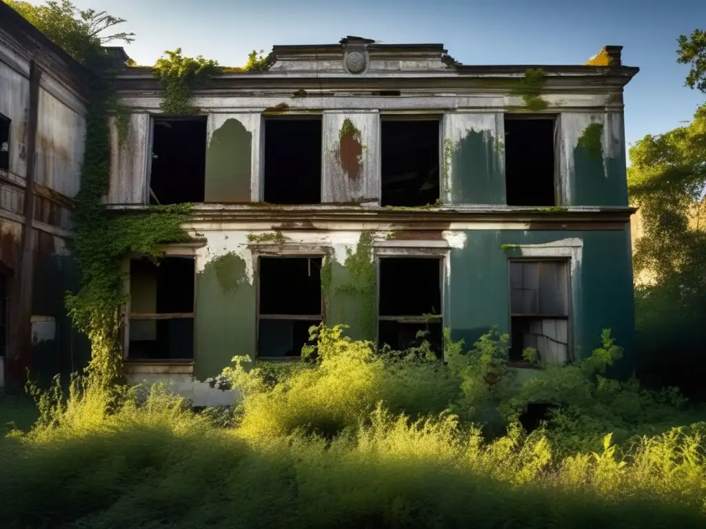 Fotografía de lugares abandonados: Imagen impactante de un edificio en ruinas con pintura descascarada, ventanas rotas y vegetación descontrolada. El sol crea sombras dramáticas, destacando la atmósfera inquietante y fantasmal de la estructura olvidada.