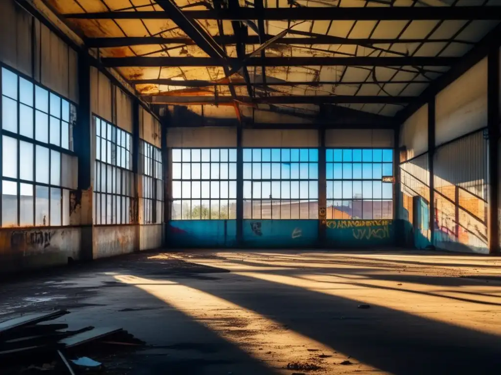 Fotografía de lugares abandonados: Imagen impactante de un almacén industrial abandonado con vigas oxidadas, ventanas rotas y grafitis coloridos.