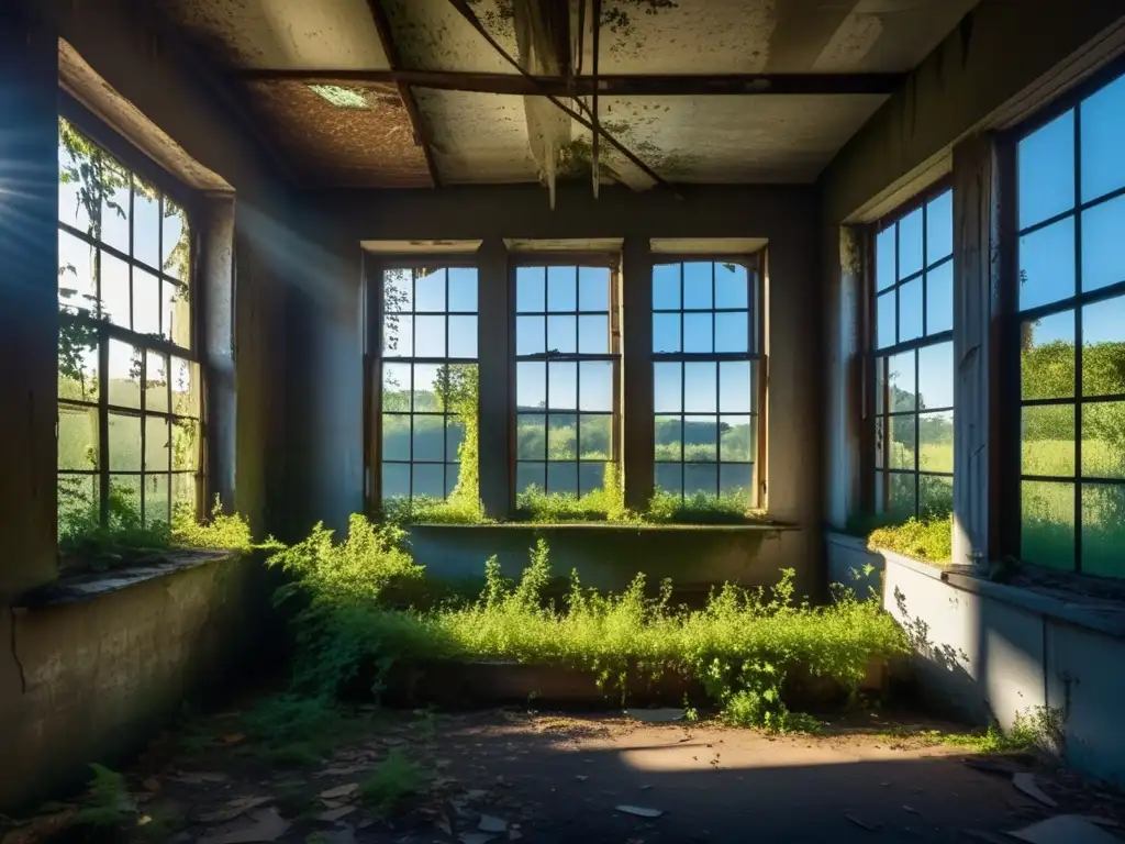 Fotografía de lugares abandonados: Imponente edificio en ruinas, con pintura descascarada, ventanas rotas y vegetación que reclama el espacio. La luz solar crea sombras dramáticas en el interior.