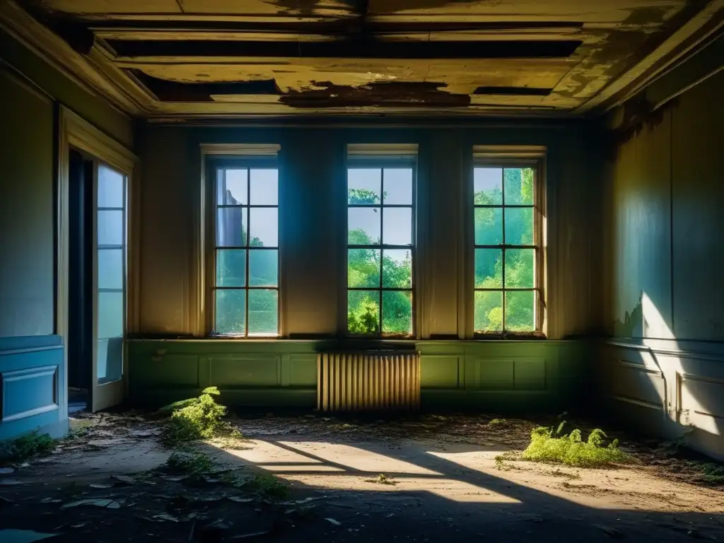 Fotografía de lugares abandonados: Interior decadente con juego de luz y sombra, pintura descascarada y naturaleza reclamando el espacio.