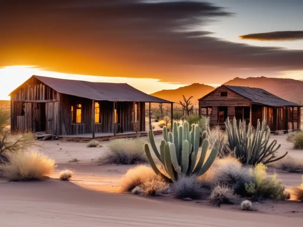 La luz del atardecer ilumina un pueblo fantasma en el desierto de Arizona, creando una atmósfera desoladora. <b>Exploración de ciudades fantasma Arizona.