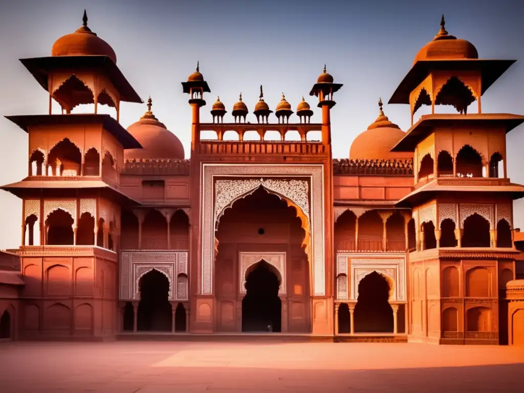 La majestuosa ciudad fantasma de Fatehpur Sikri en la India, con sus edificios de arenisca roja y la icónica Buland Darwaza en un cálido atardecer.