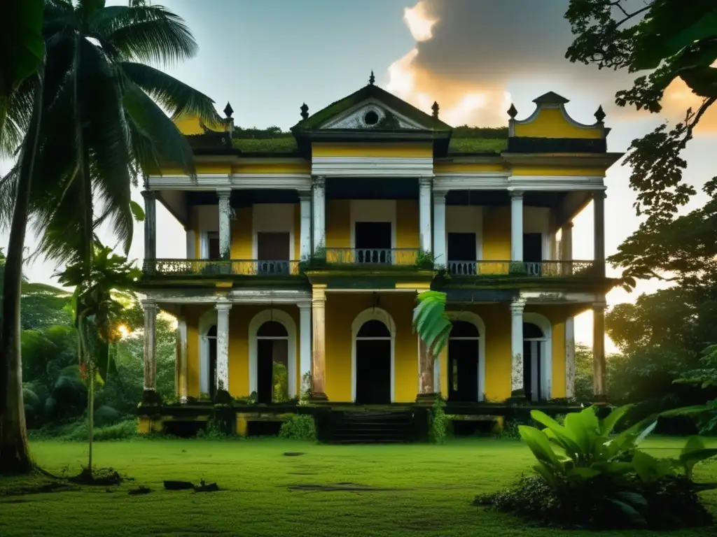 La majestuosa mansión en ruinas en Surinam, con su fachada decadente y una atmósfera fantasmal. <b>Mansiones en ruinas Surinam.