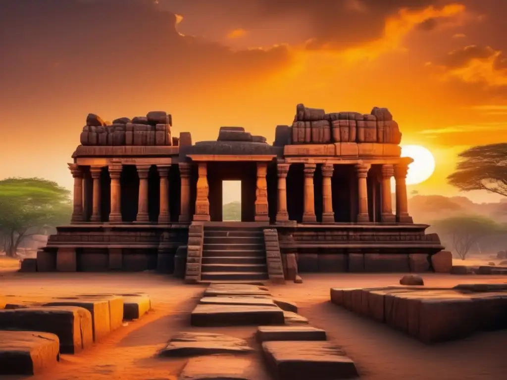 Majestuosas ruinas del Imperio Vijayanagara en la India, detalladas y misteriosas bajo el cálido atardecer. <b>¡Explora!</b>  ️