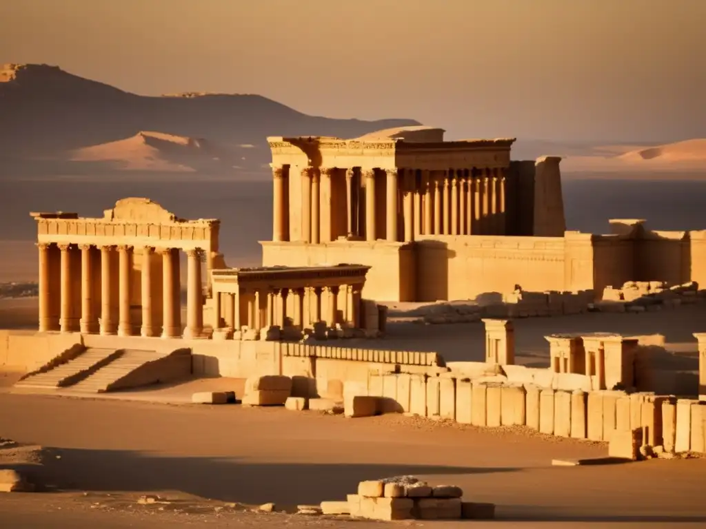 Las majestuosas ruinas de Palmira Siria renacen al atardecer, mostrando su belleza histórica entre las arenas doradas del desierto.