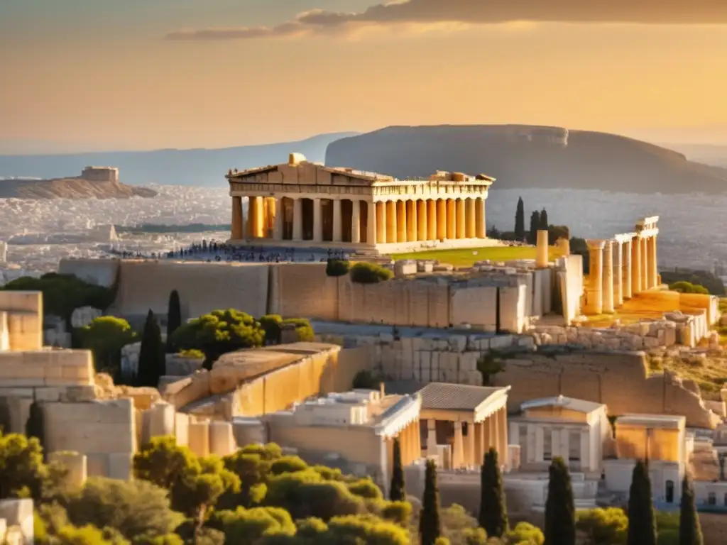 El majestuoso Parthenon bañado en cálida luz dorada, con la Acrópolis de Atenas al fondo, revela la historia y misterio de la Acrópolis de Atenas.