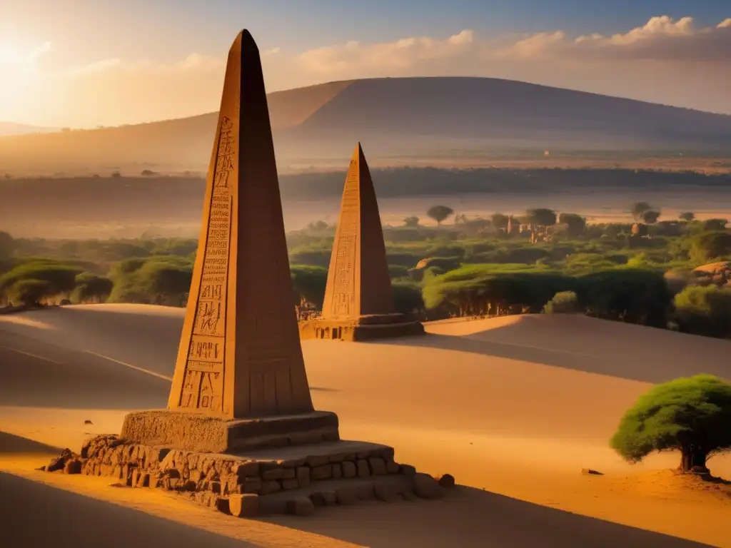 Los majestuosos obeliscos de la antigua ciudad de Aksum en Etiopía se alzan contra el cielo, con visitantes admirando su grandeza mientras la luz del sol crea sombras en el paisaje.