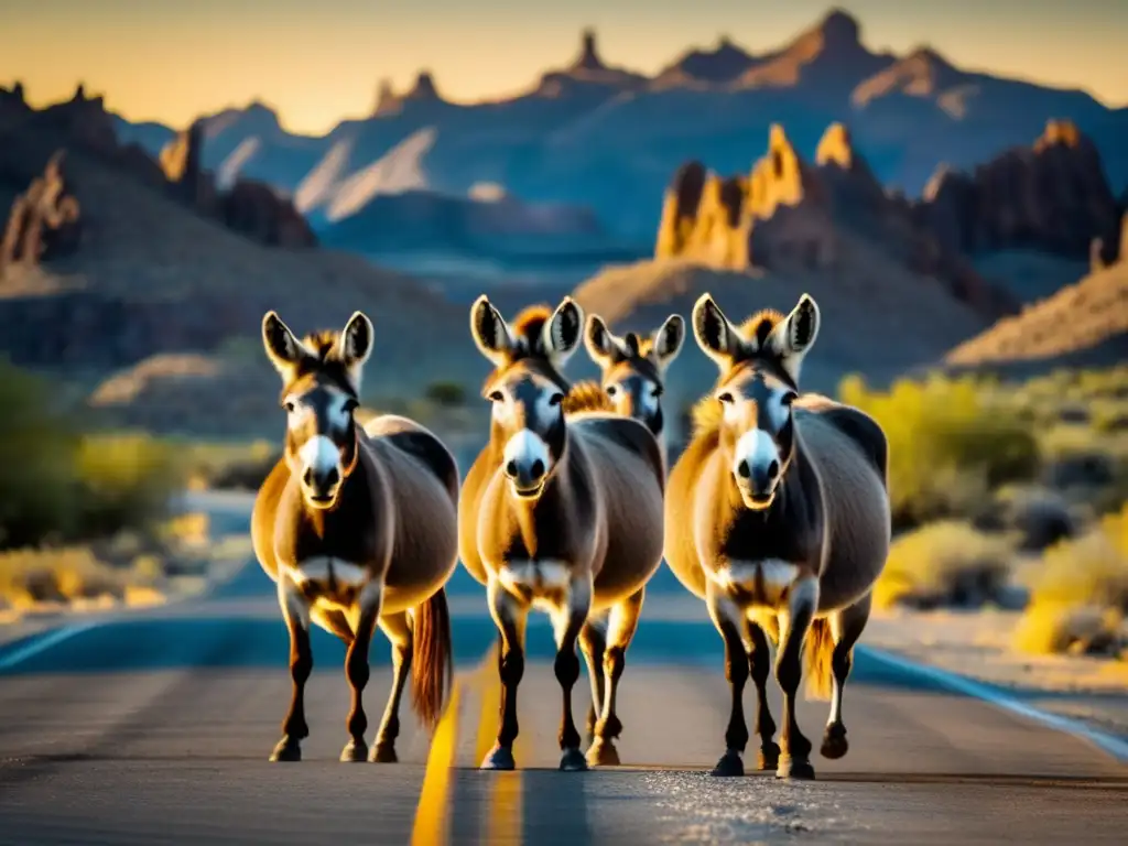 Manada de burros salvajes en Oatman, con la Ruta 66 al fondo. <b>Transmiten libertad y resistencia en el árido paisaje desértico.