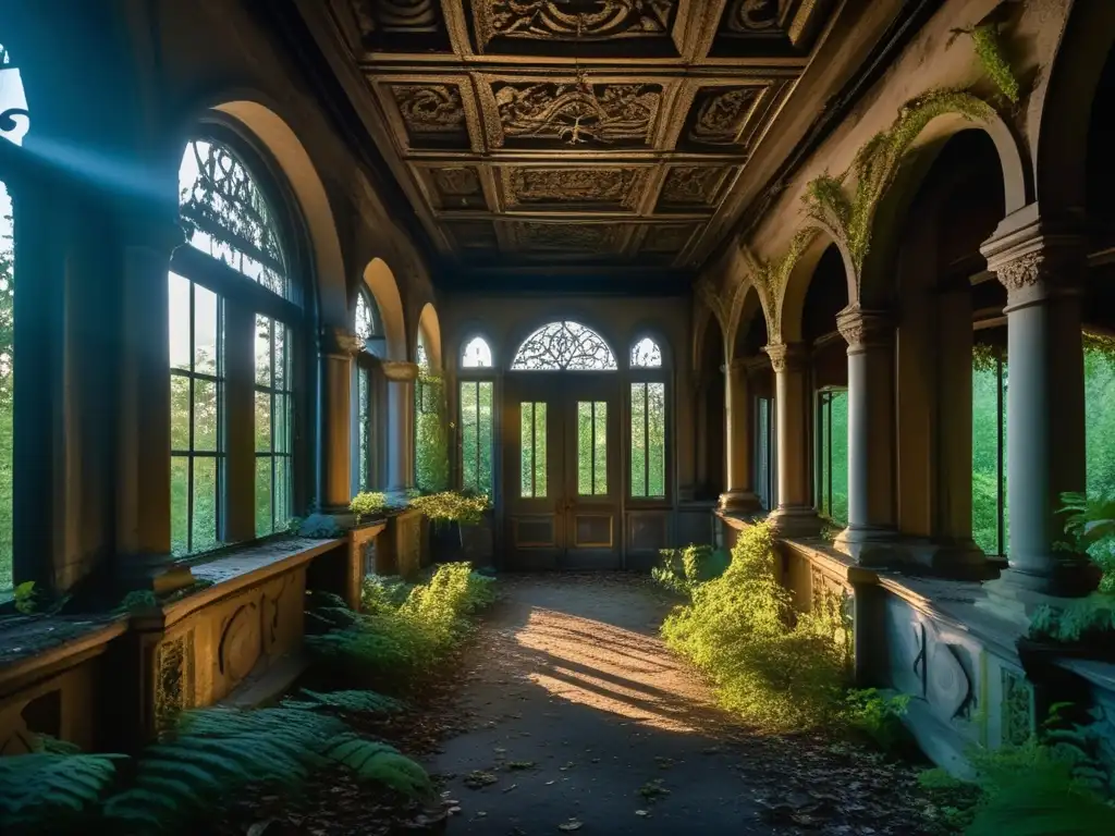 Una mansión abandonada y cubierta de naturaleza, evocando melancolía y asombro. <b>Conservación lugares abandonados estrategias.