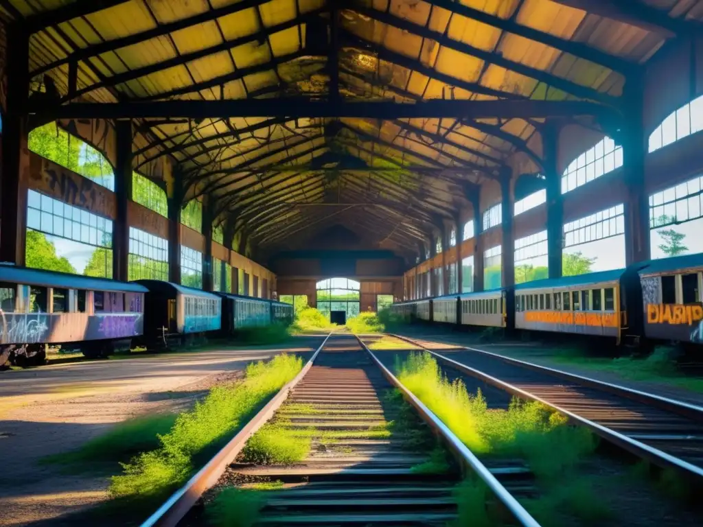 Explora la melancolía de depósitos de trenes abandonados, con vagones cubiertos de graffiti y naturaleza desbordante.