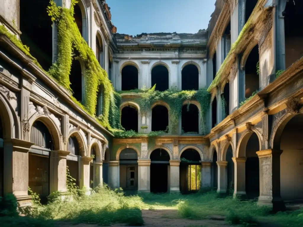 'Fotografía de preservación y memoria urbana: Edificio abandonado, luz solar entre ventanas rotas, naturaleza reclamando la estructura.'