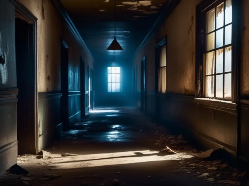 Corredor abandonado: luz y sombras en un escenario misterioso Explora el misterio de lugares abandonados iluminando la oscuridad con sombras inquietantes y partículas de polvo suspendidas en el aire.