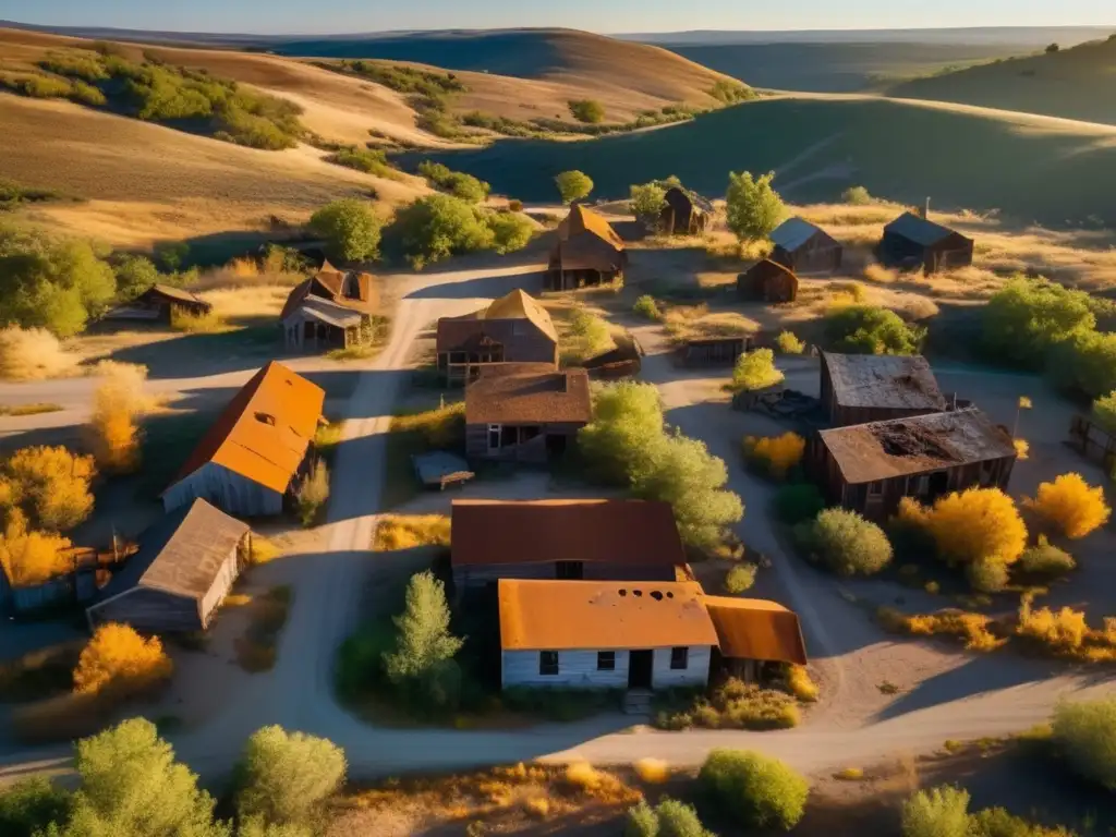 Explora el misterio del turismo oscuro en una ciudad fantasma, con ruinas y paisajes desolados bañados por la cálida luz del atardecer.